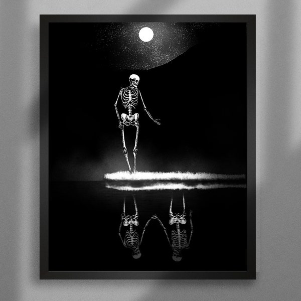 Missing You. Art Print. Skeleton illustration, skull dark art. Lonely, emotional wall Art. Gothic home decor.