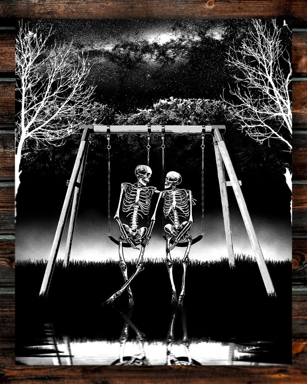 A tu Lámina Ilustración romántica de esqueleto en  columpio, romance oscuro, decoración gótica para el México