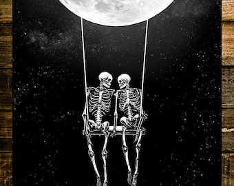 Midnight Art Skeletons on moon swing, surreal  illustration, gothic home