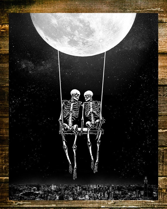 Midnight Moonlight Art Print Skeletons On Moon Swing Etsy Singapore