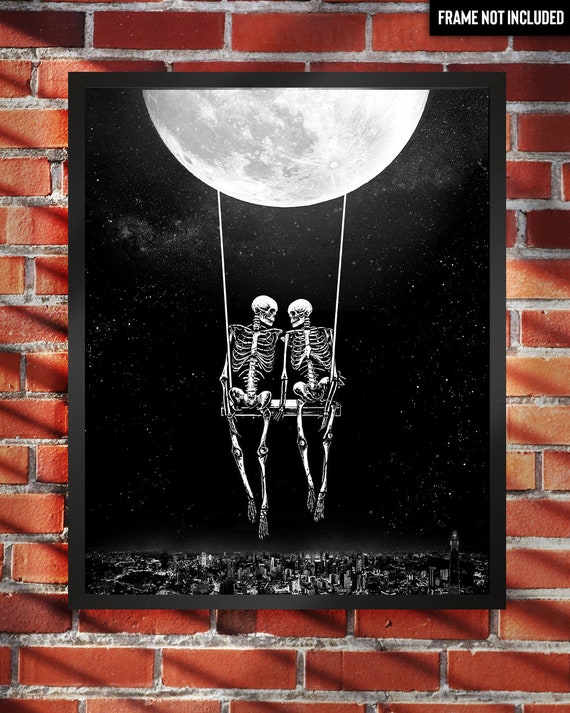 Midnight Moonlight Art Print Skeletons On Moon Swing Etsy