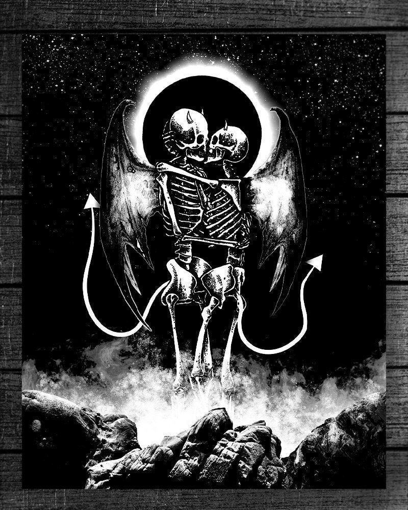 罪人。アートプリント。骸骨の悪魔、愛、ロマンチック、キス、暗い