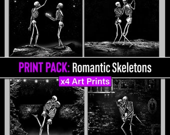 Print Pack: Romantic Skeletons Pack A. x4 Art Prints. Skeletons, Dark, Romantic, Surreal, Skull, Gothic home decor.