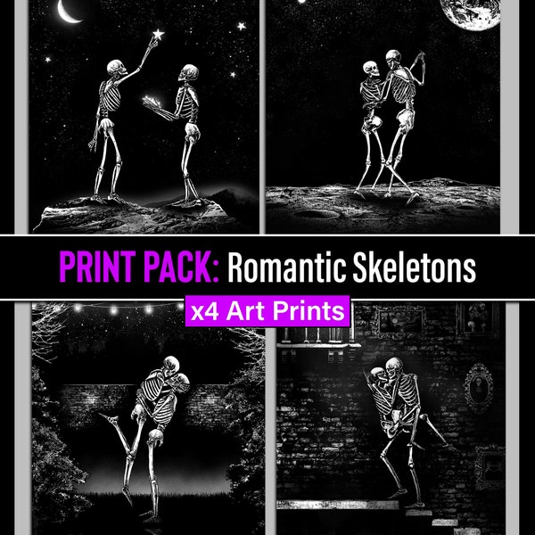 Print Pack: Romantic Skeletons Pack A. x4 Art Prints. Skeletons, Dark, Romantic, Surreal, Skull, Gothic home decor.