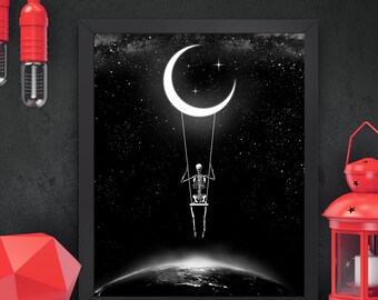 Columpio a la luz de la Impresión Esqueleto, luna  creciente, columpio, tierra, surrealista, decoración gótica del