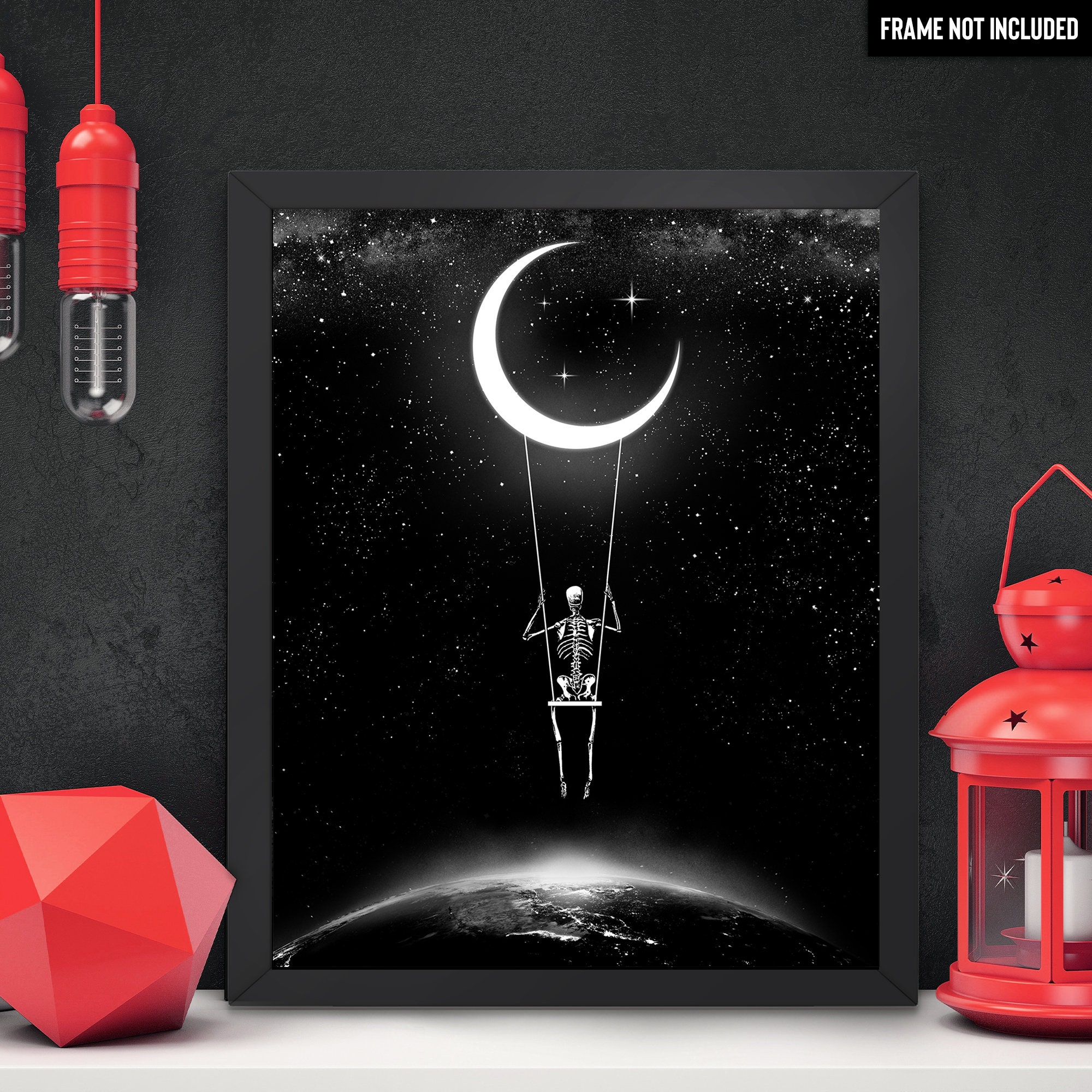 Moonlight Swing. Art Print. Skeleton, Crescent Moon, Swing
