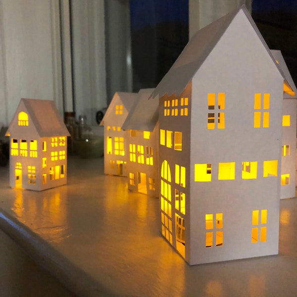 Christmas village - Set of 5 hand drawn and cut paper houses with battery tea lights.  Perfect for Christmas. Fairy House with tea light.