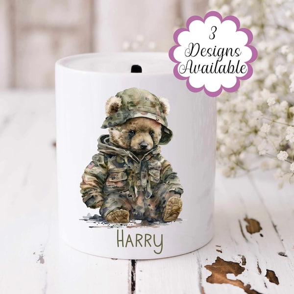 Tirelire personnalisée ours soldat militaire - Une tirelire ours en peluche unique pour cadeaux d'anniversaire, parfaite pour elle ou pour lui