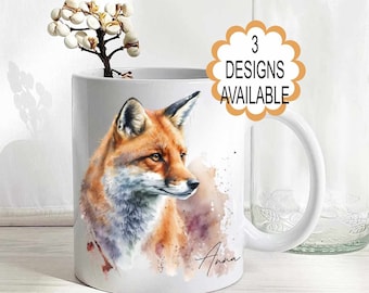 Watercolour Fox mug, wildlife gift, 3 designs available. Coasters also available.