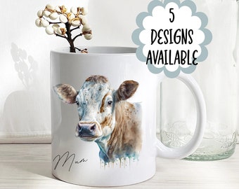 Mug vache laitière aquarelle, cadeau cowover, 5 modèles disponibles. Dessous de verre également disponibles.