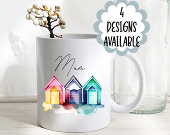 Watercolour Beach hut mug, beach lover gift, 4 designs available. Coasters also available.