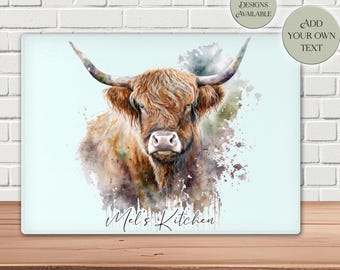 Personalised Highland Cow Glass Chopping Board | Cheese Platter | Housewarming | Kitchenware | Farmhouse Style