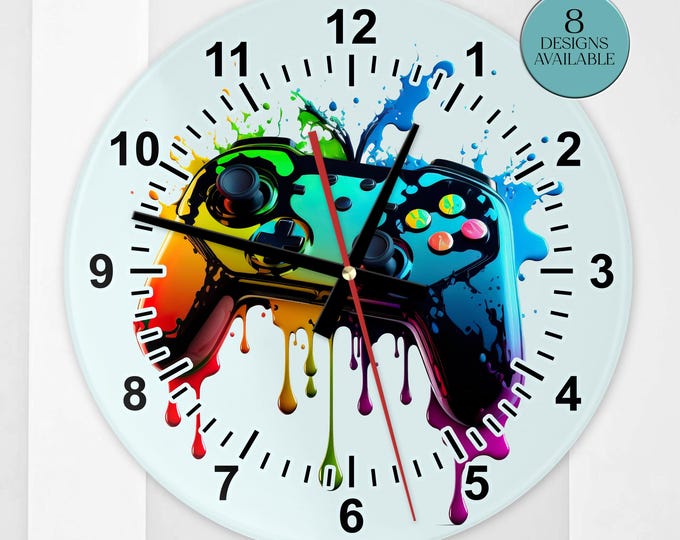 Glass Gaming Wall Clock – Modern Gamer Room Décor, Video Game Wall Art, Gift for Gamers, Boys Room