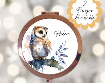 Personalised Watercolour Owl Rose Gold Compact Mirror - Personalized Handheld Vanity Mirror, Beauty gift for her