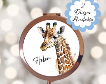 Miroir compact personnalisé aquarelle girafe en or rose - Miroir de courtoisie à main personnalisé, cadeau beauté pour elle