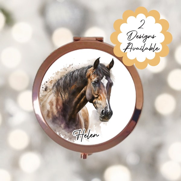 Personalised Watercolour Horse Rose Gold Compact Mirror - Personalised Handheld Vanity Mirror, Beauty gift for her