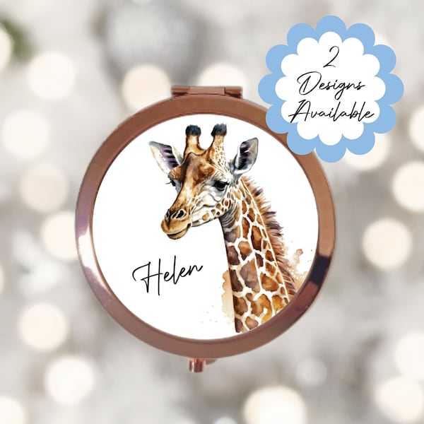 Personalised Watercolour Giraffe Rose Gold Compact Mirror - Personalized Handheld Vanity Mirror, Beauty gift for her