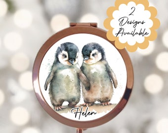 Personalised Watercolour Penguin Rose Gold Compact Mirror - Personalized Handheld Vanity Mirror, Beauty gift for her