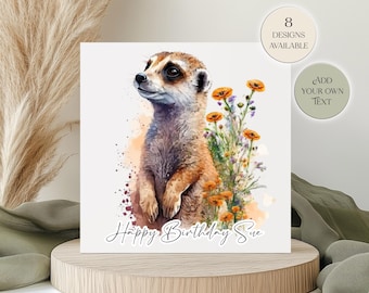 Leuke verjaardagskaart stokstaartje met bloemen – bewerkbare tekst voor een persoonlijk tintje, gedrukte wenskaart voor kinderen en volwassenen, optie blanco binnenkant