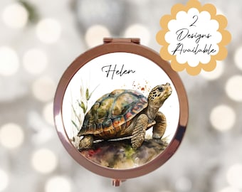 Personalised Watercolour Tortoise Rose Gold Compact Mirror - Personalized Handheld Vanity Mirror, Beauty gift for her