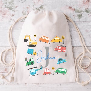 Sac à cordon personnalisé pour voitures et transports pour garçons - Sac à dos d'école pour enfants - Sac personnalisé pour chambre d'enfant, PE, natation - Cadeau de retour à l'école