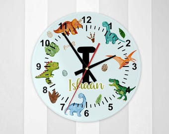 Personalised Glass Dinosaur Wall Clock | Fun Jurassic-Themed Décor for Kids' Room | Dino Lovers