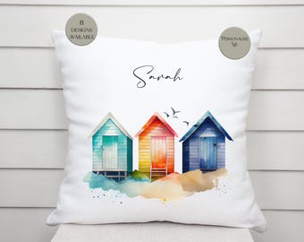Personalised Watercolour Beach Hut Cushion – Coastal Home Décor - Nautical Throw Pillow - Seaside Gift for Her