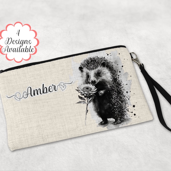 Personalised Hedgehog Linen Makeup Bag with Strap - Versatile Cosmetic Pouch and Travel Gift - Large Pencil Case or Zip Pouch, for her.