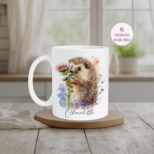 Cute hedgehog coffee mug gift for women, floral woodland design