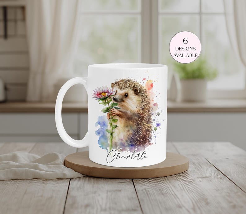Cute hedgehog coffee mug gift for women, floral woodland design
