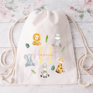 Personalised Jungle Drawstring Bag – Safari Animal Kids Backpack – Custom Nursery, PE, Swimming Bag – Back to School Gift for Boys or Girls