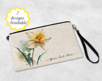 Personalised Daffodil Linen Makeup Bag with Strap - Versatile Cosmetic Pouch and Travel Gift - Large Pencil Case or Zip Pouch, for her.