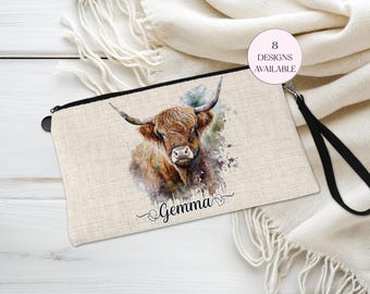 Personalised Highland Cow Makeup Bag with Strap – Cosmetic Pouch - Large Pencil Case, Gift for Teacher