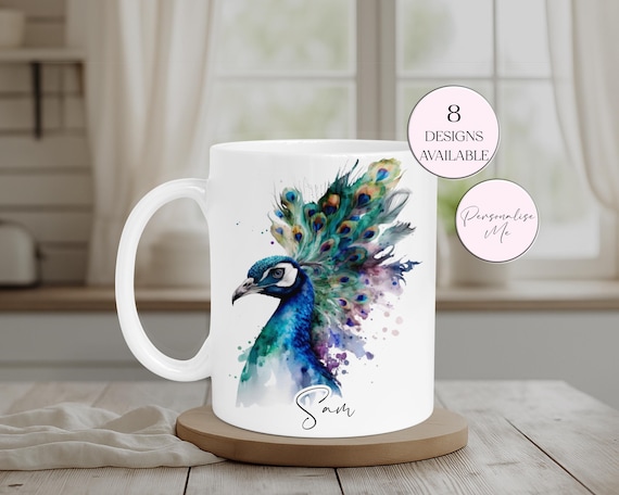 水彩画の孔雀マグカップ＆コースター - 鳥のコーヒーカップ - Etsy 日本