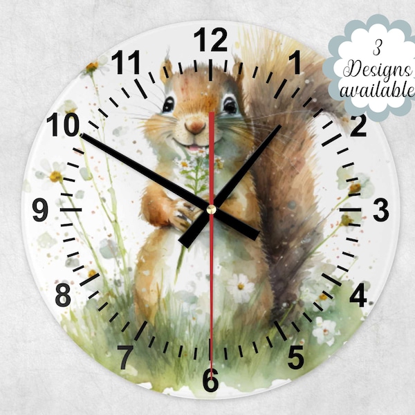 Watercolour Glass Wall Clock - Squirrel Home Décor - Cute Squirrel Wall Clock - Charming Nature-Inspired Timepiece