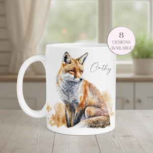 Personalised Watercolour Fox Mug – Fox Lover's Gift, Coffee Cup, Custom Coaster Available