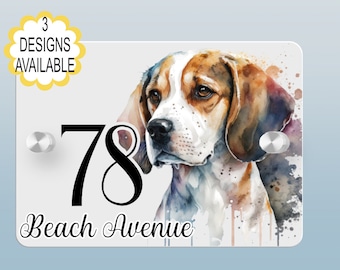 Personalised watercolour beagle House Sign. House number. Personalised house sign. New home gift. Dog House plaque.