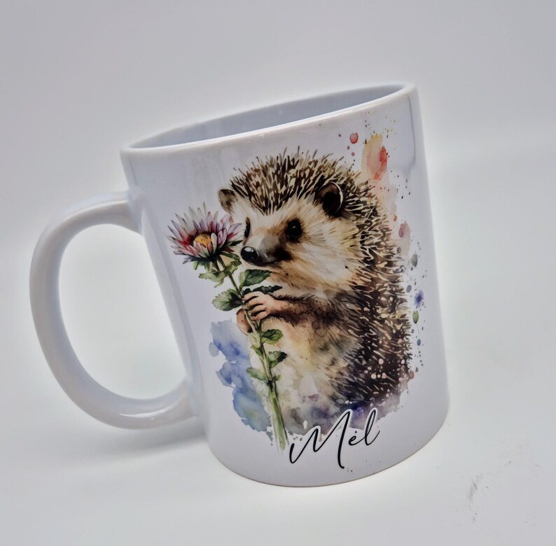 May include: White ceramic mug with a watercolour illustration of a hedgehog holding a flower. The hedgehog has brown and tan fur with a spiky back. The mug has a curved handle and the name "Mel" is written in cursive.