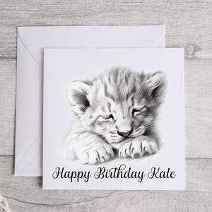 Personalized Lion Birthday Card - Sketched Sleepy Lion Greetings Card  | EDITABLE TEXT | Big Cat Gift