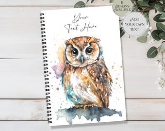 Personalised Watercolour Owl Notebook – Journal for Bird Lovers - Customisable Notepad - Teacher Gift