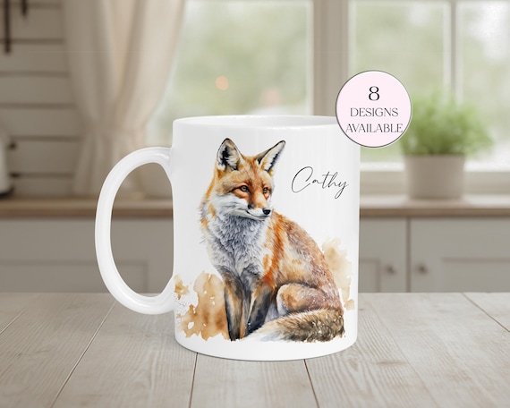 Personalised Watercolour Fox Mug – Fox Lover's Gift, Coffee Cup, Custom Gift for Her, Coaster Available