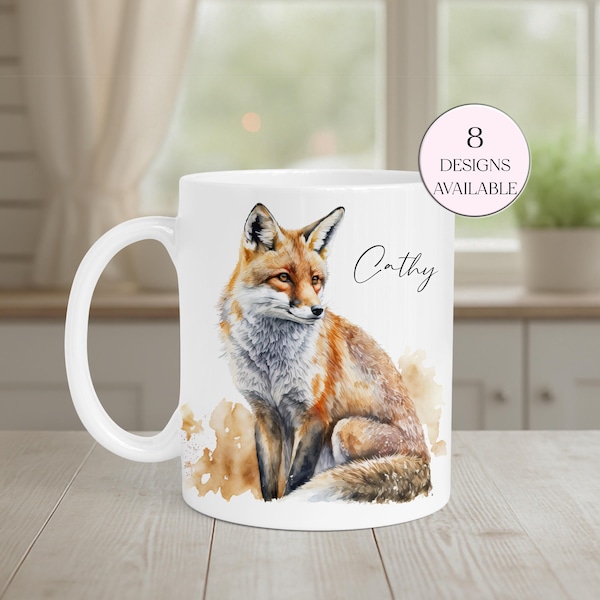 Personalised Watercolour Fox Mug – Fox Lover's Gift, Coffee Cup, Custom Gift for Her, Coaster Available