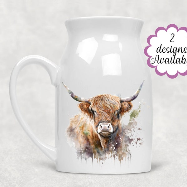 Watercolour Highland Cow Milk Jug / Personalised Flower Vase - Ideal Gift for Highland cow lovers, Mothers, Friends, Grandmothers.