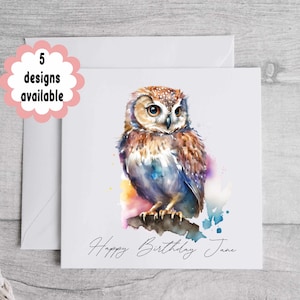 Carte d'anniversaire hibou aquarelle - carte de voeux inspirée de la nature pour maman, ami ou elle, cadeau pour amateur de hibou