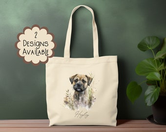 Aquarelle Border Terrier Canvas Tote Bag avec longue poignée - Cadeau personnalisé pour elle