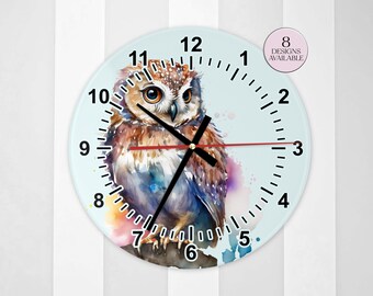 Glass Watercolour Owl Wall Clock – Farmhouse Kitchen Décor