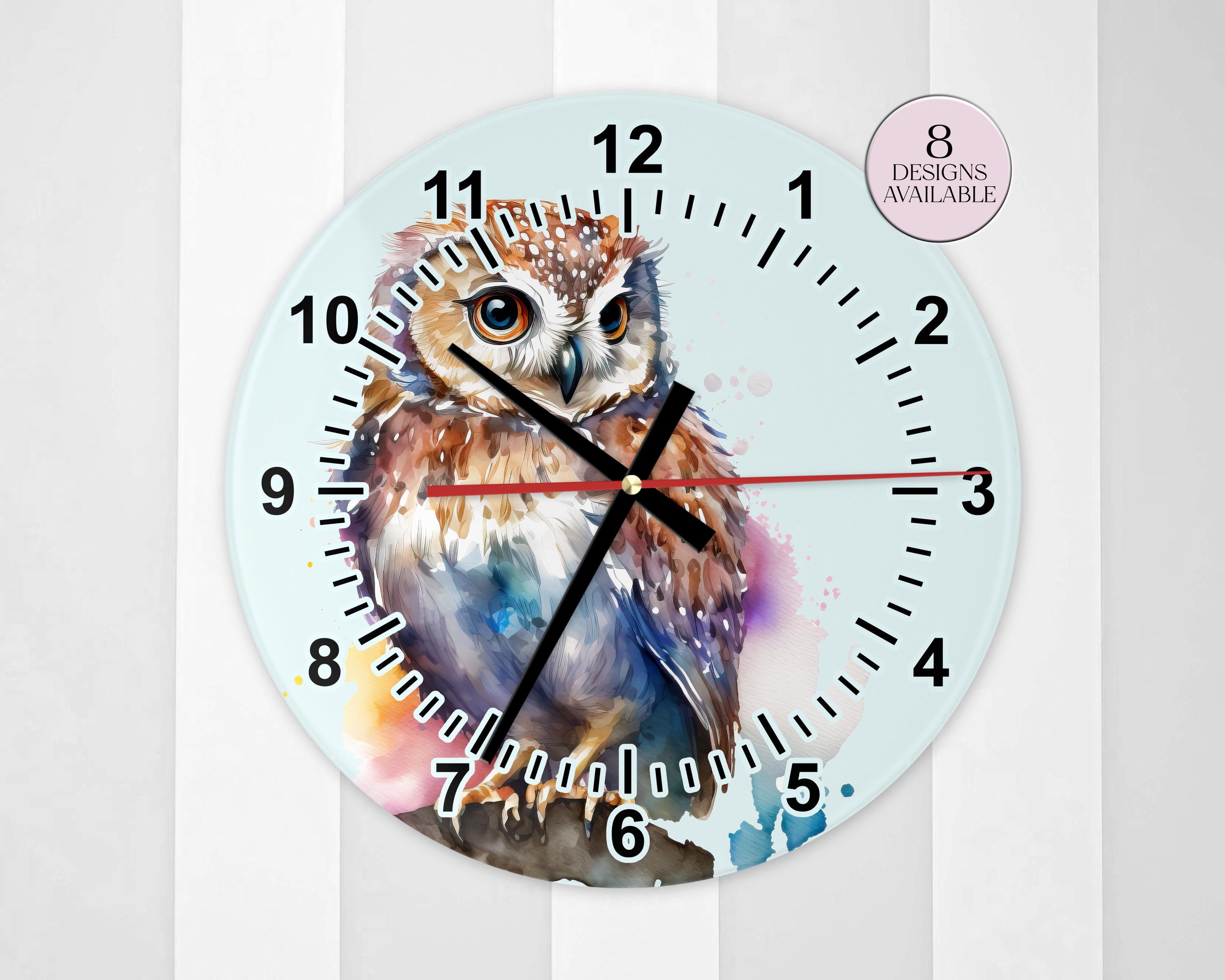 Glass Watercolour Owl Wall Clock – Farmhouse Kitchen Décor