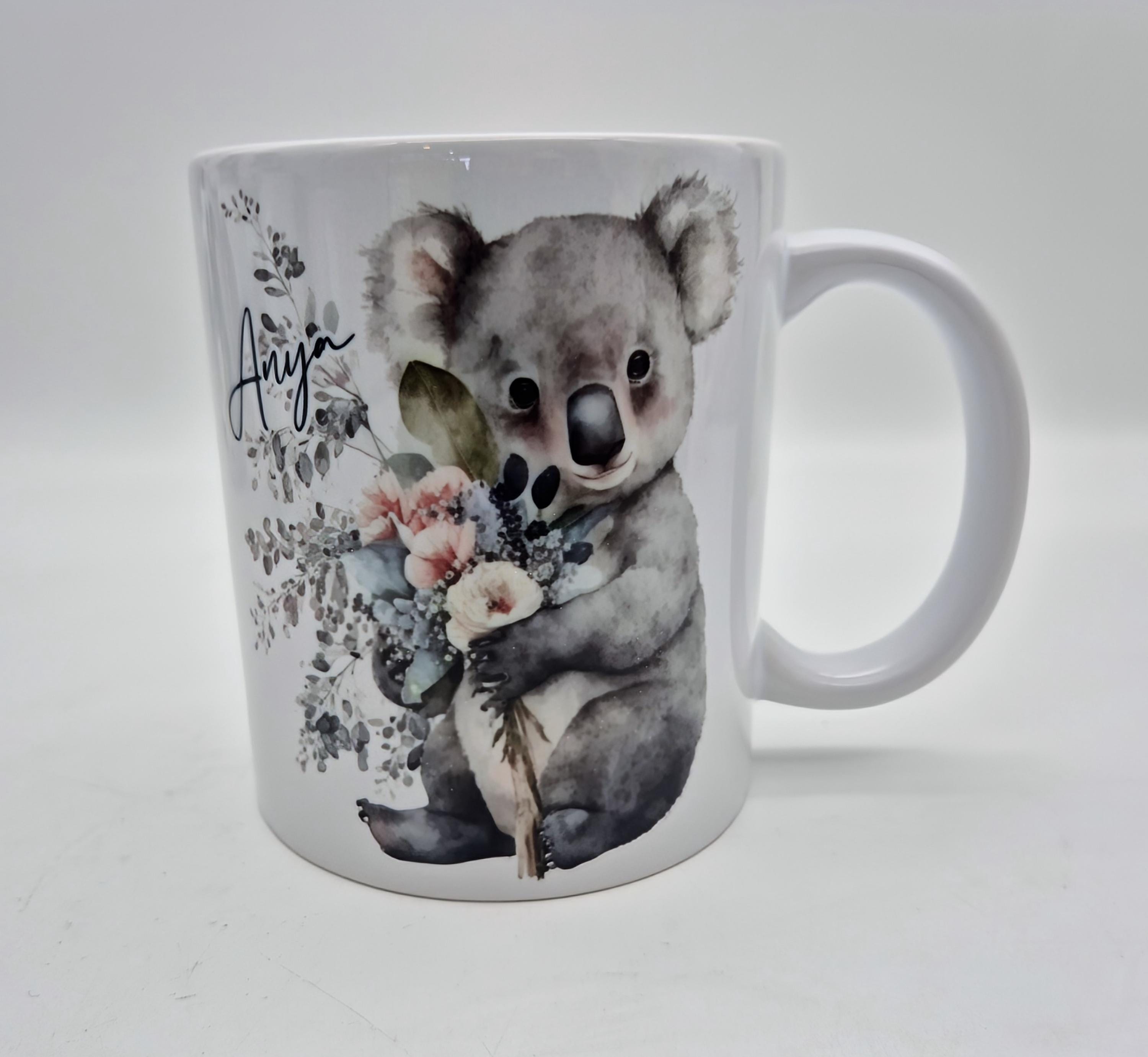 名入れ可能なコアラのマグカップ＆コースターセット – 水彩画風の白い
