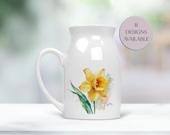 Personalised Watercolour Daffodil Milk Jug – Floral Vase, Mum Gift