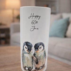 Watercolour Penguin friends Ceramic Vase/ Flower Pot with Custom text - The Perfect Gift for Penguin Lovers